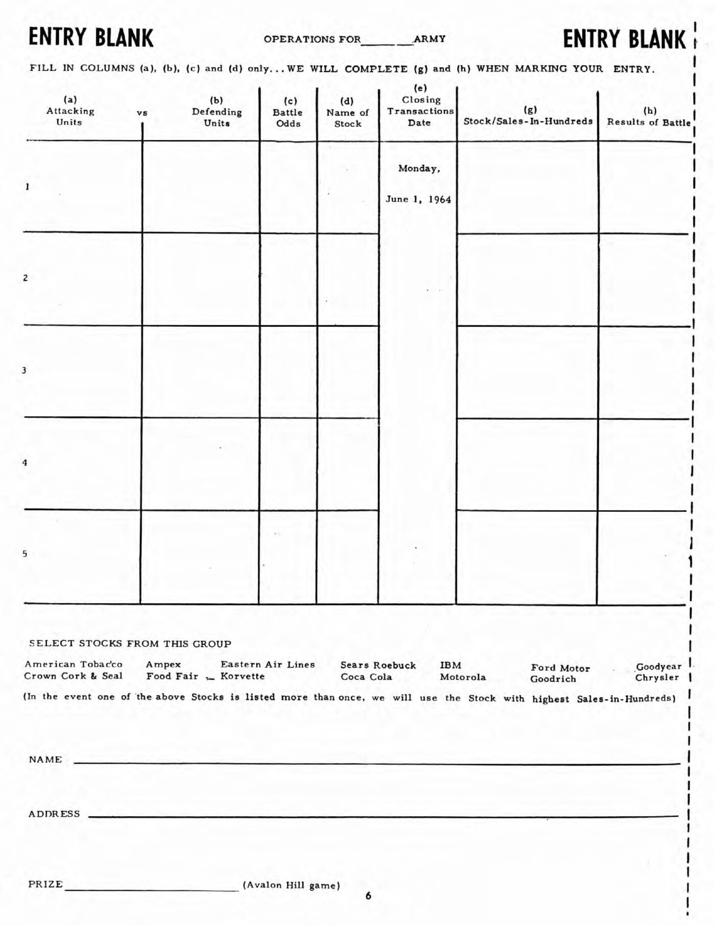 Entry blank from The General, Vol. 1 No. 1