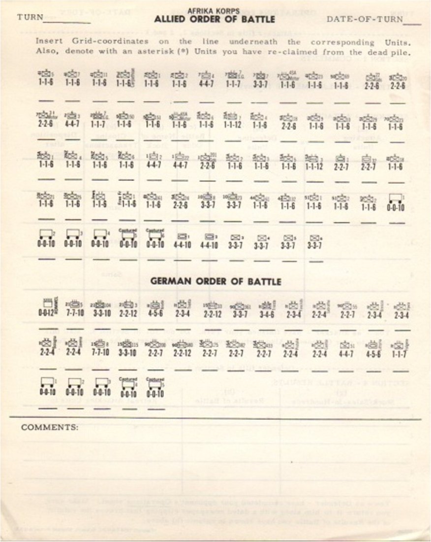 Allied and German order of battle sheet from the Avalon Hill Afrika Korps play-by-mail kit