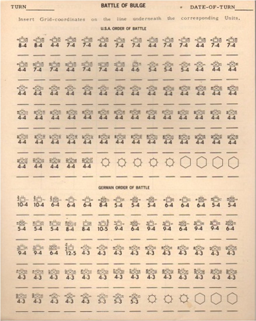 Order of battle sheet from the Avalon Hill Battle of the Bulge play-by-mail kit