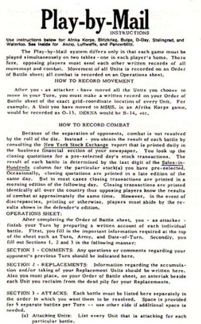 The generic Avalon Hill Play-by-Mail instruction sheet, covering Afrika Korps, Blitzkrieg, Bulge, D-Day, Stalingrad and Waterloo