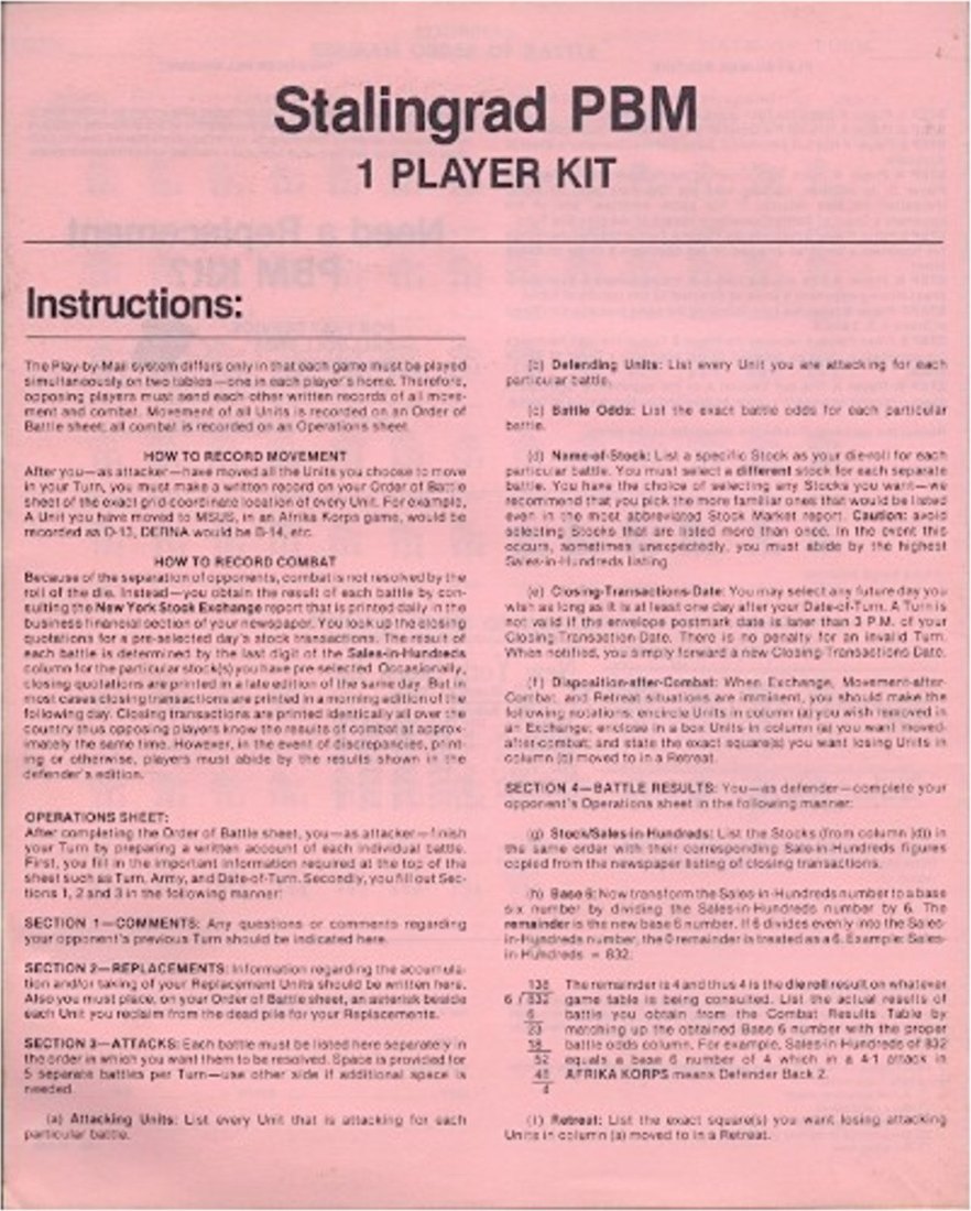 Instruction sheet from the Avalon Hill Stalingrad play-by-mail kit
